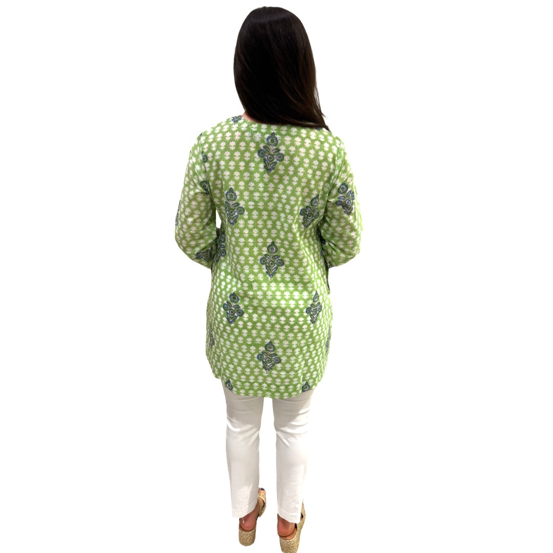 The Key Largo Embroidered Tunic in Light Green Hand Blocked Cotton — view 6