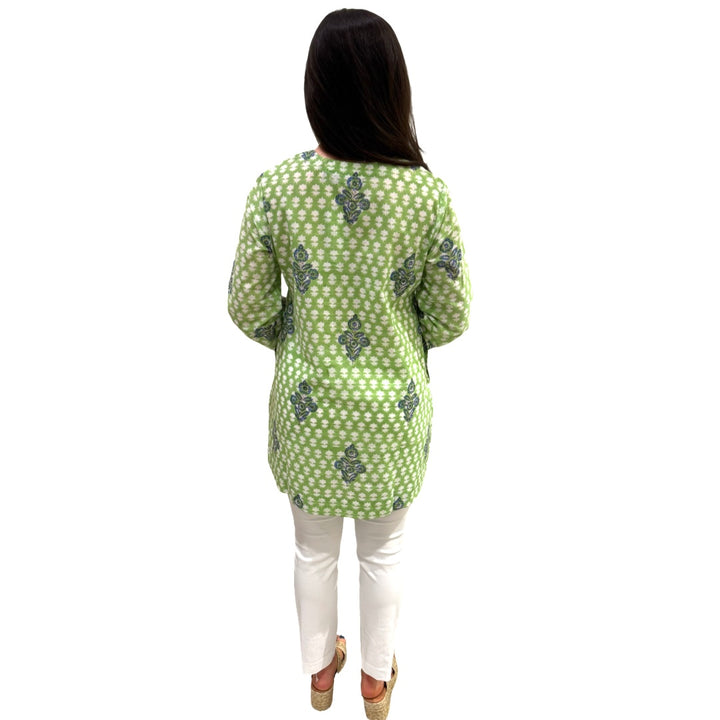 The Key Largo Embroidered Tunic in Light Green Hand Blocked Cotton — view 6