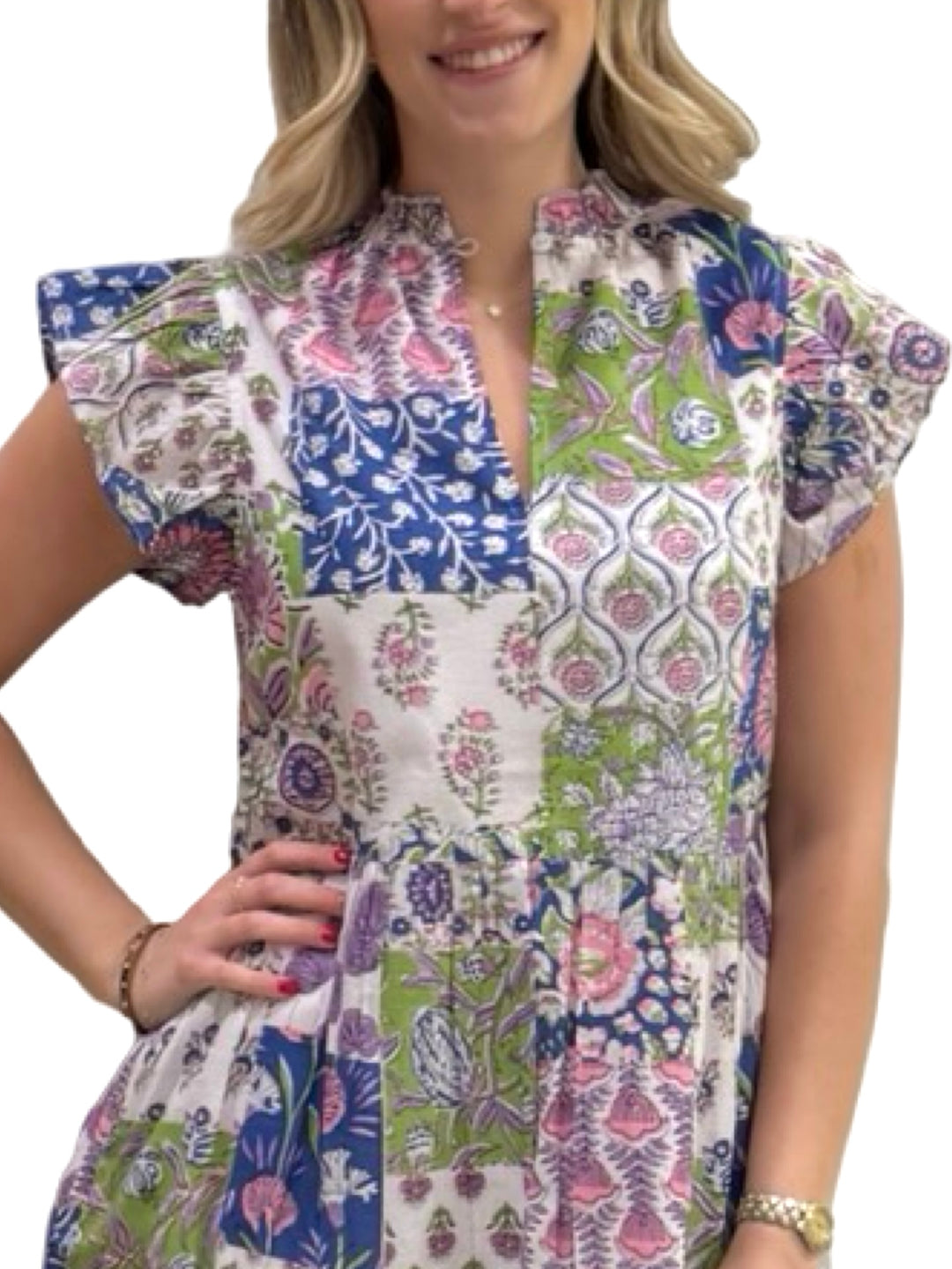 The Tinley Flutter Sleeve Dress in Vibrant Patchwork Cotton — view 5