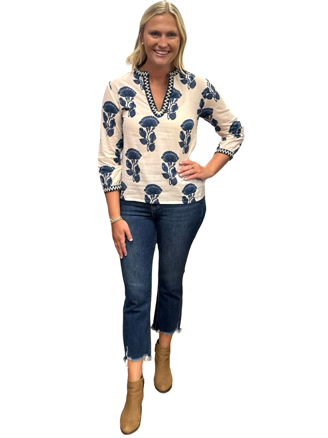 The Kelsea Embroidered Trim Top in Navy White Lotus Floral Print