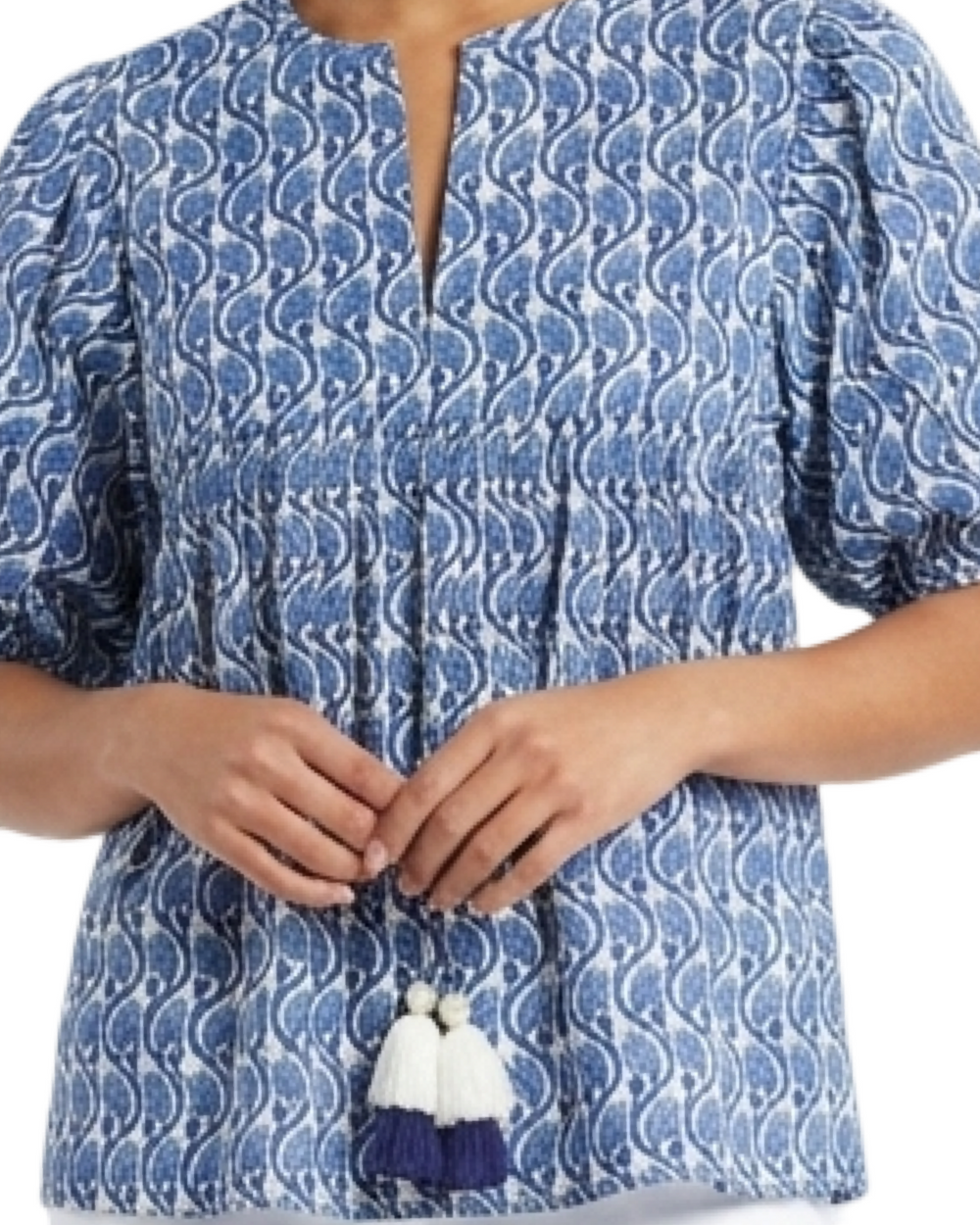 The Poppy Puff Sleeve Top in Blue White Floral Hand-Block Printed Cotton — view 2