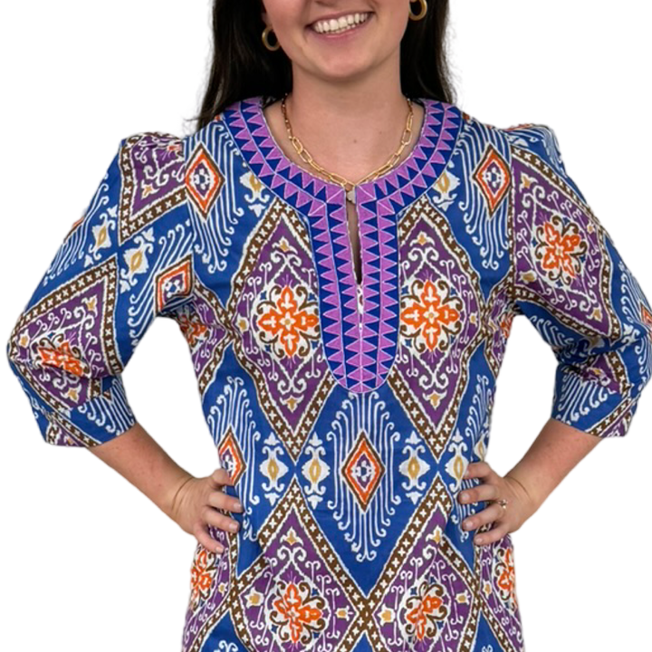 The Merrill Lavender Ikat Embroidered Trim Tunic Dress — view 6