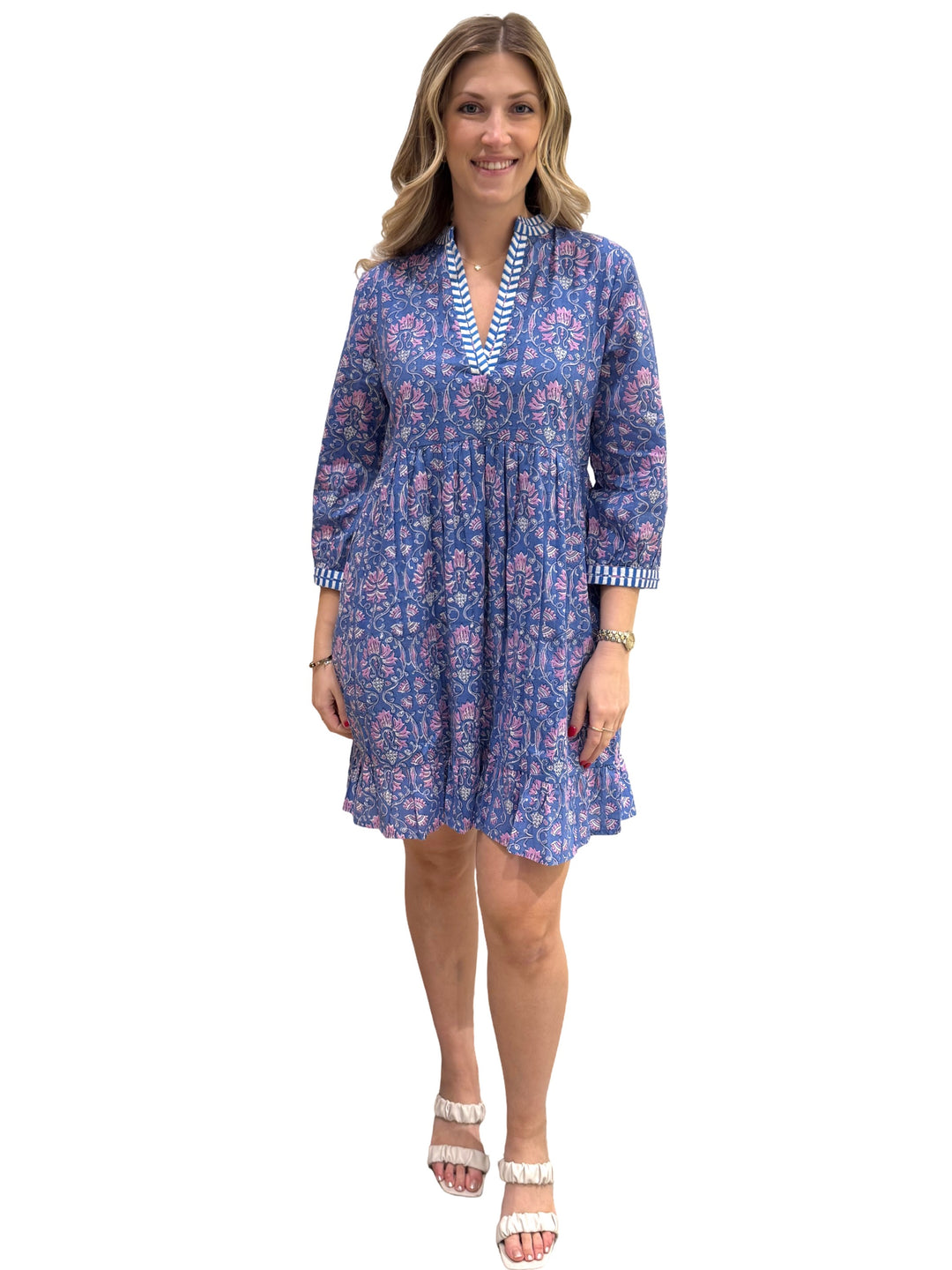 The Morley Embroidered Trim Cotton Hand Block Printed Dress in Blue and Lavender