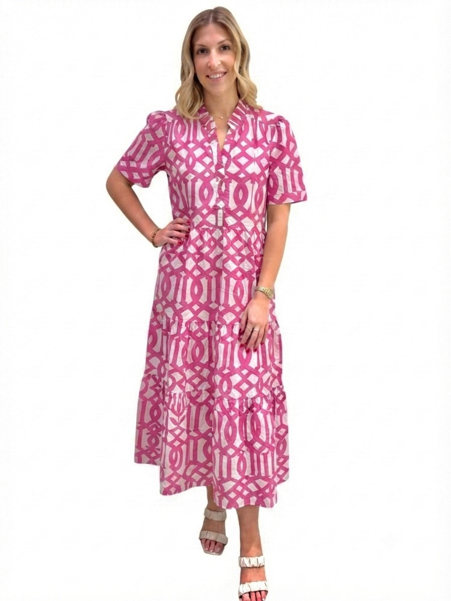 The Campbell Short Sleeve Dress in Pink Trellis Cotton