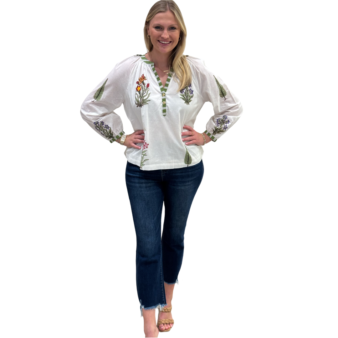 The Chandler Striped Trim Floral Hand Block Top