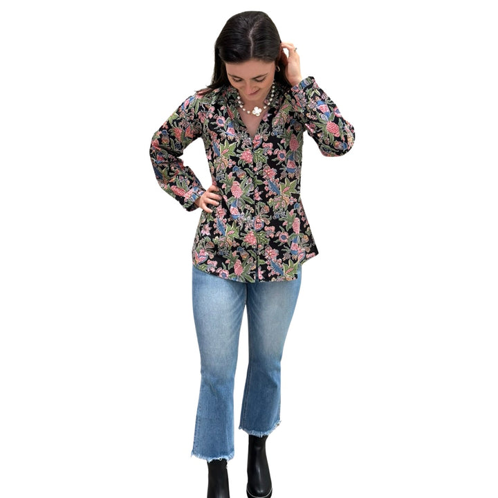 The Embry Cotton Block Print Floral Button Front Top in Midnight Floral — view 4