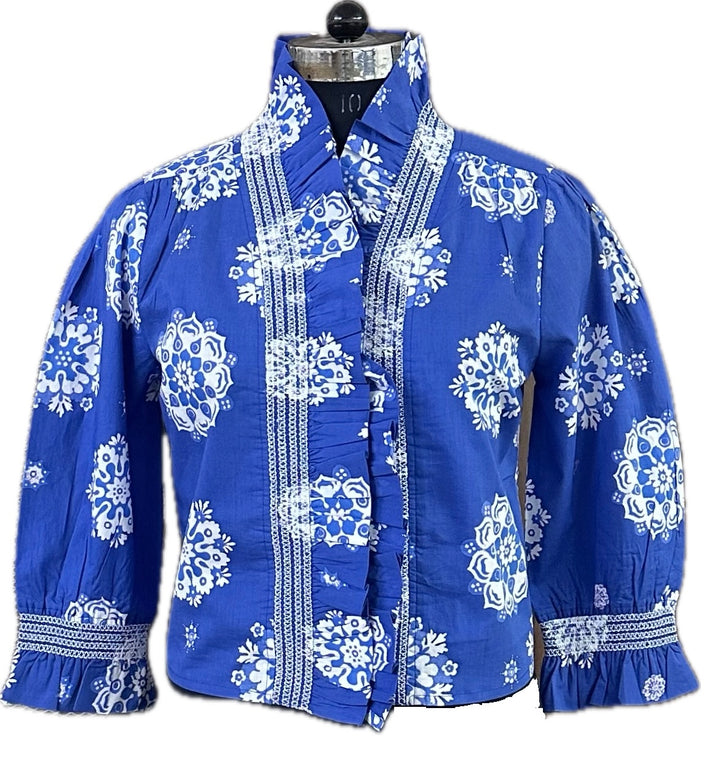 The Amelia Ruffle Top in Royal Blue White Medallion Print — view 6