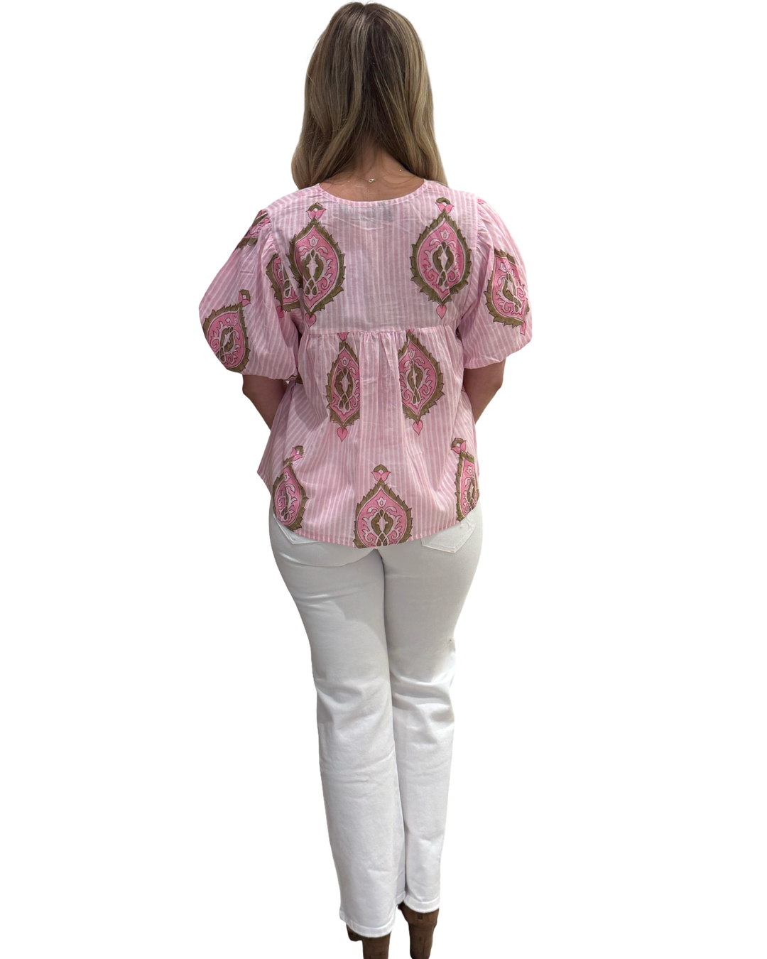 The Poppy Puff Sleeve Top in Pink and Mocha Hand Block — view 6