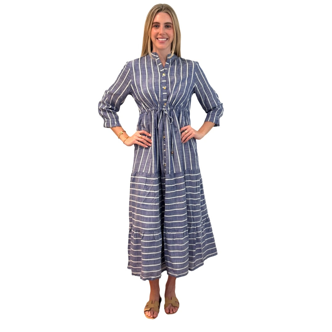 The Hamilton Chambray Stripe Tie Waist Dress in Blue and White — view 5
