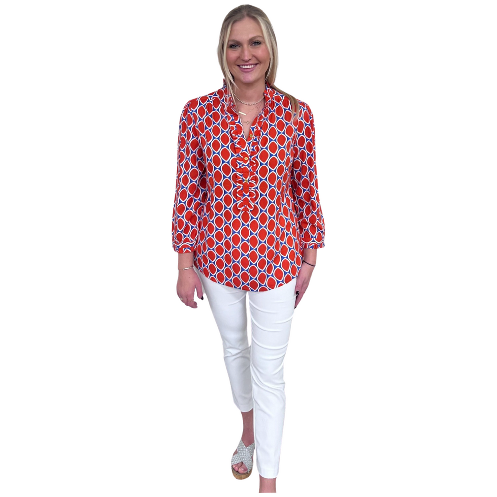 The Carrie Tangerine and Blue Ruffle Trimmed Top — view 2