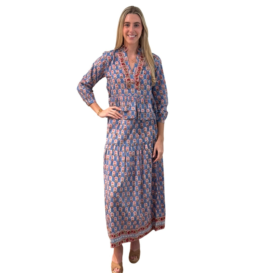 The Lila Border Trim Skirt in Blue and Pink Hand Blocked Cotton — view 11