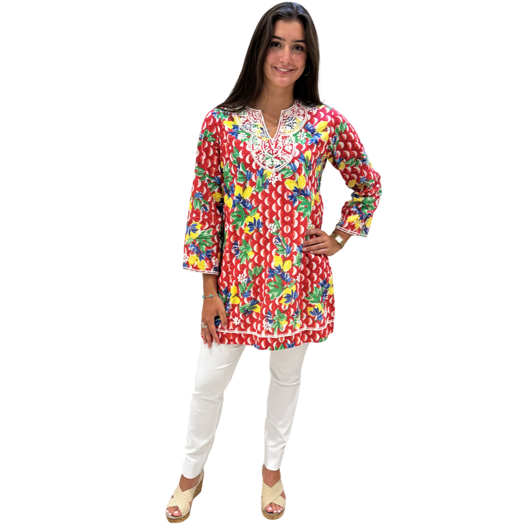 The Key Largo Embroidered Tunic in Red and White Geometric Floral — view 2