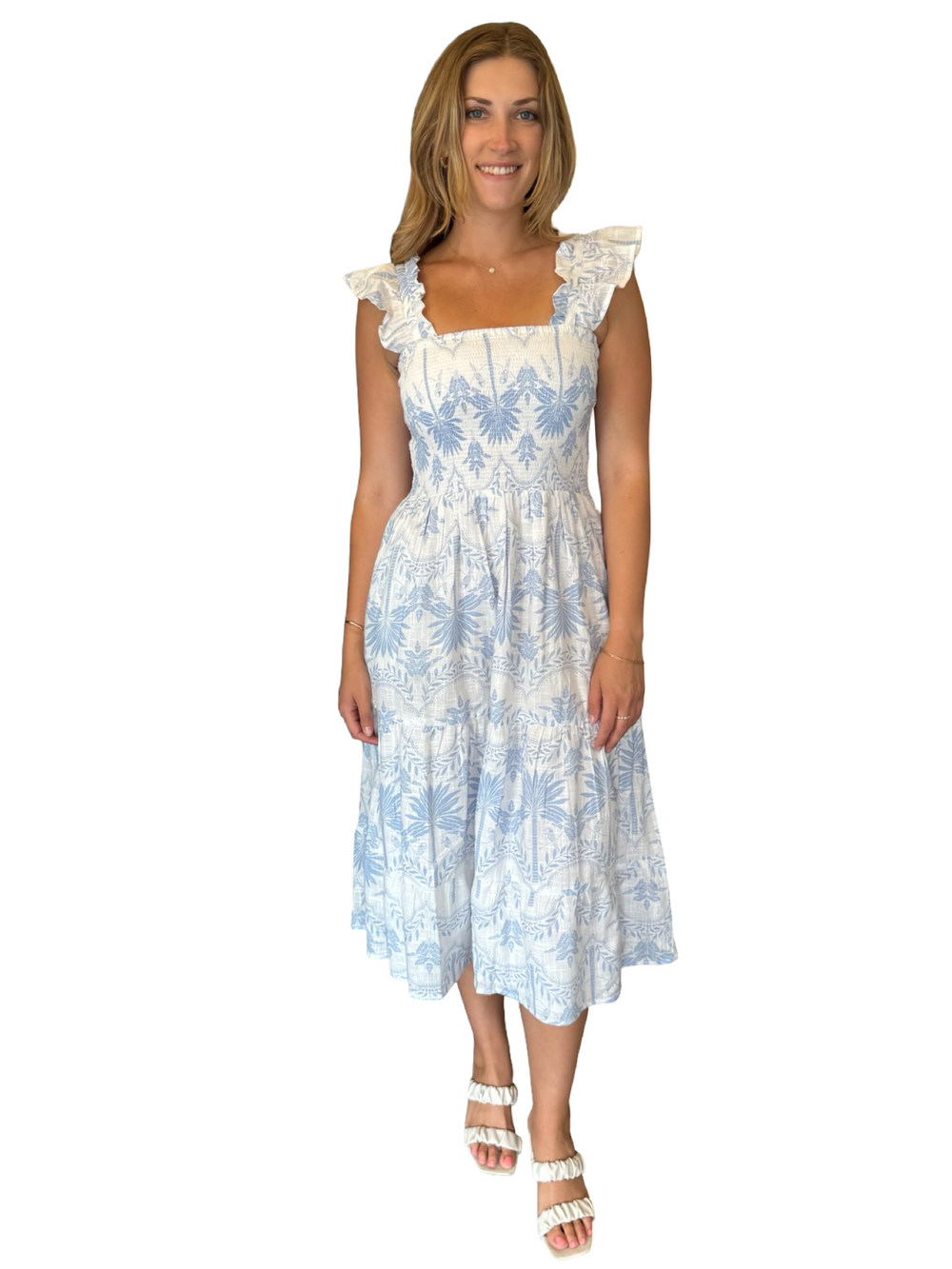 The Cloey Smocked Midi Length Dress in Blue Palm Print — view 2