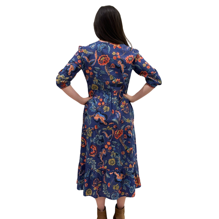 The Daniella Embroidered Trim Dress in Sunset Floral Hand Block Print — view 5