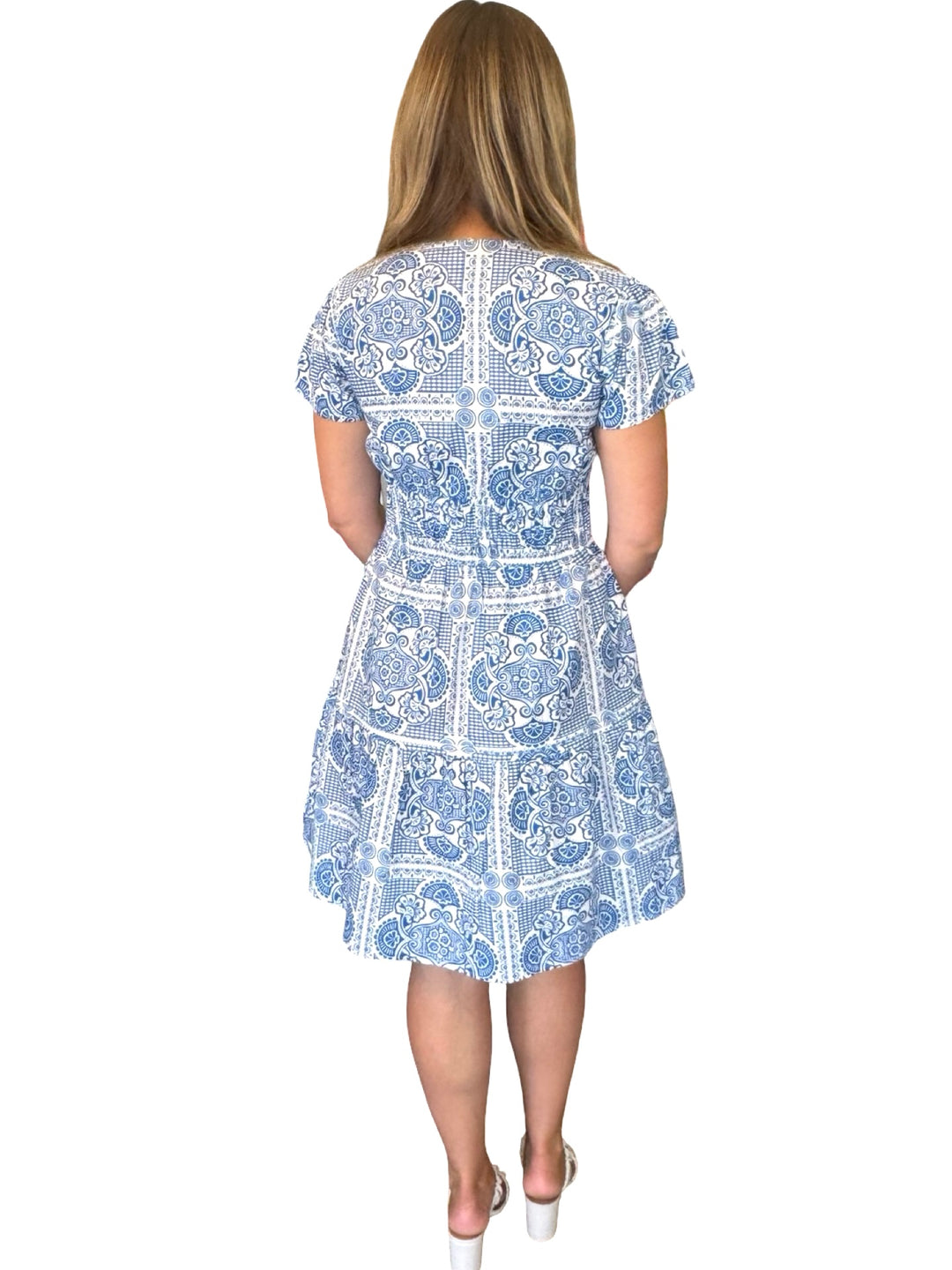 The Sydney Short Sleeve Cinch Waist Dress in Blue Geometrical Printed Cotton — view 5