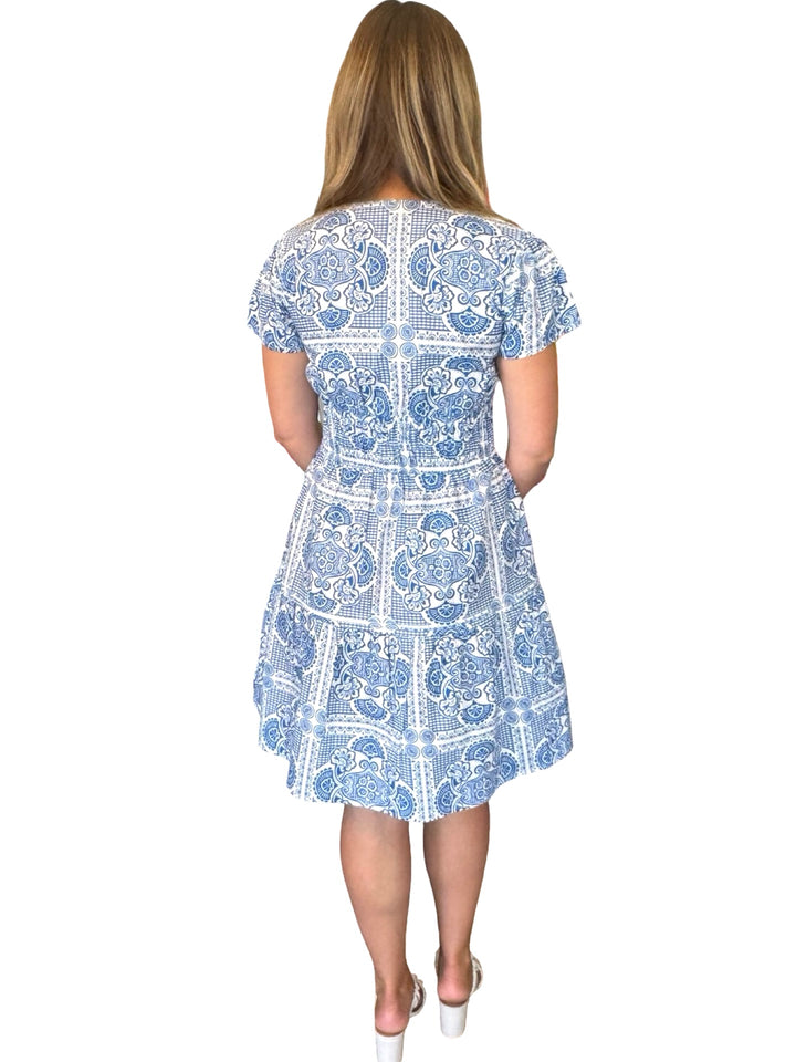 The Sydney Short Sleeve Cinch Waist Dress in Blue Geometrical Printed Cotton — view 5