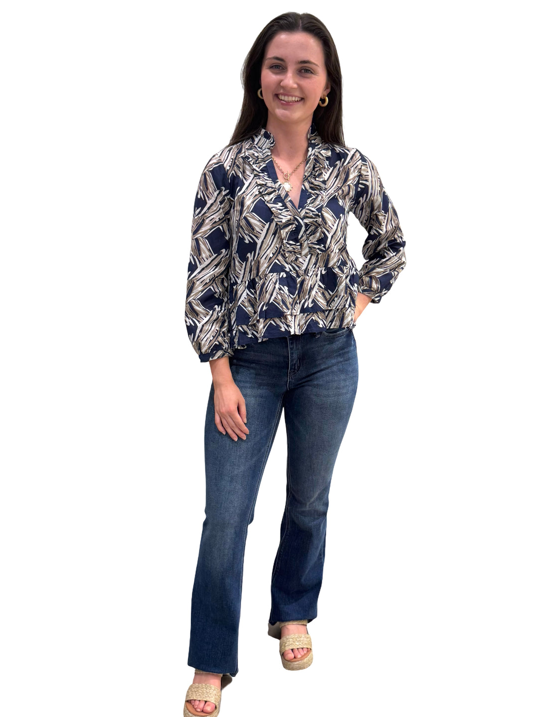 The Bella Ruffle Trim Top in Navy and Beige Splash Print — view 3
