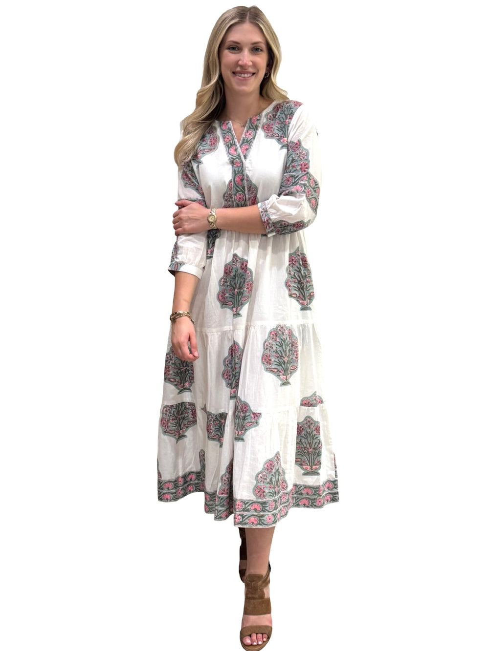 The Evie Long Length Hand Block Printed Dress in Aqua Pink and White — view 2