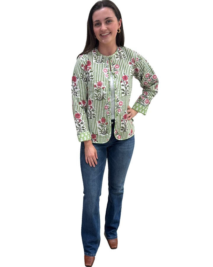 The Madeline Reversible Jacket in Green Hand-Block Striped Floral — view 4