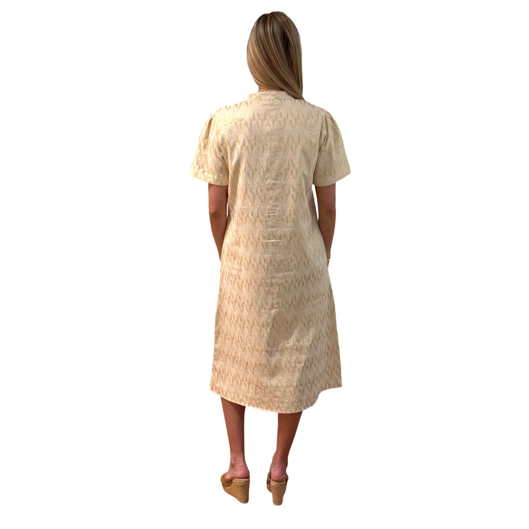 The Tabitha Button Front Dress in White and Gold Jaquard — view 5