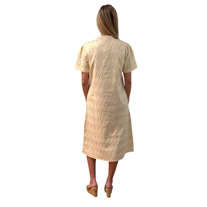 The Tabitha Button Front Dress in White and Gold Jaquard — view 5