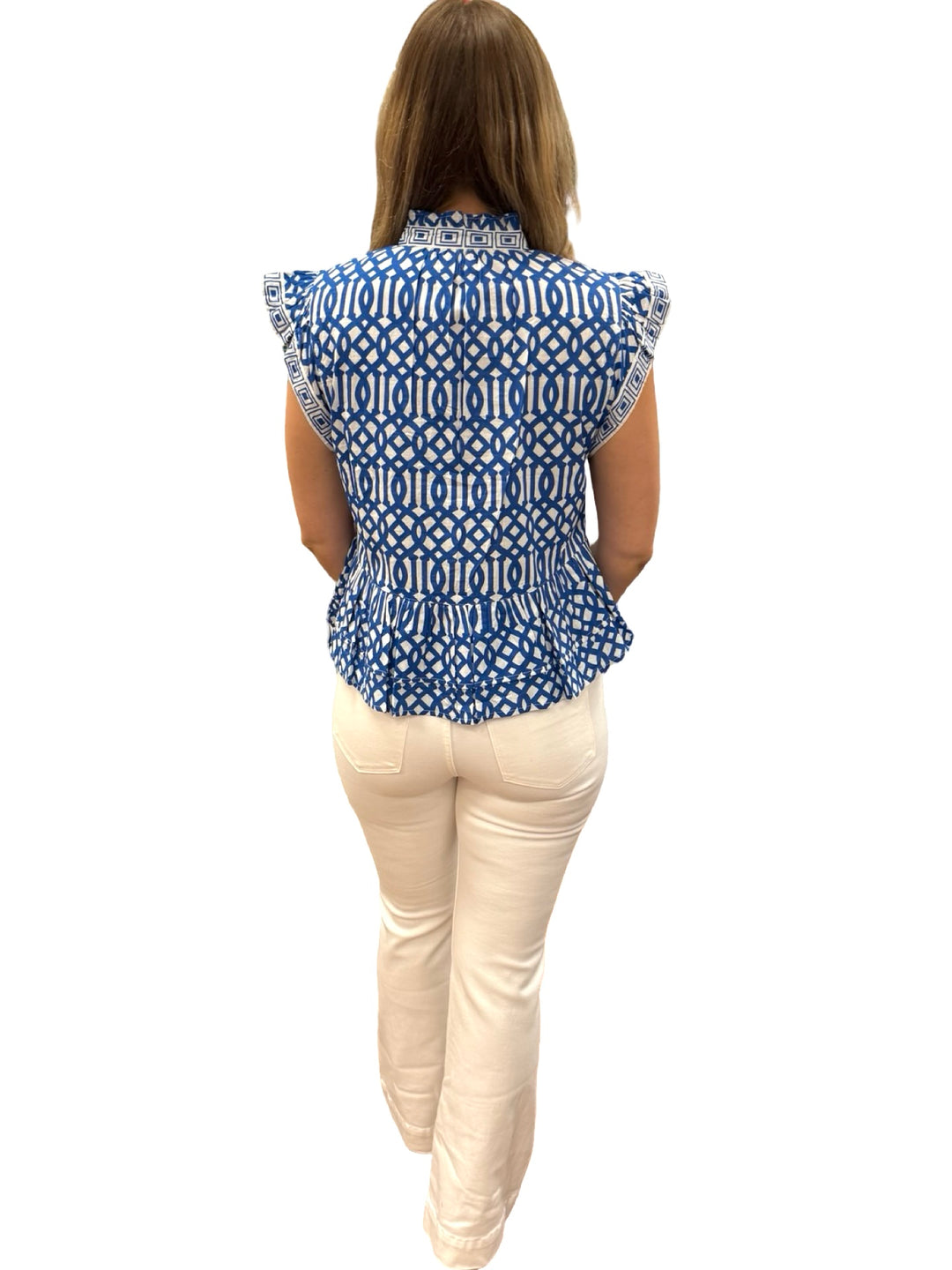 The Bella Ruffle Trim Top in Blue Trellis Cotton — view 5