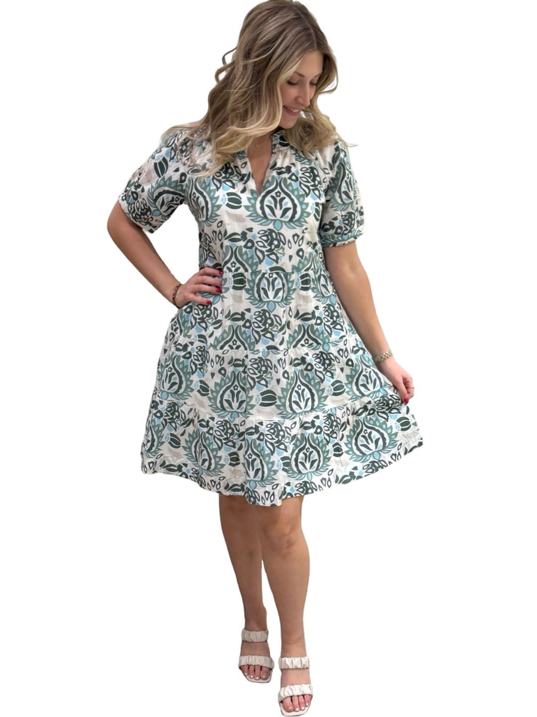 The Dahlia Smocked Neck Dress in Green Abstract Cotton — view 3