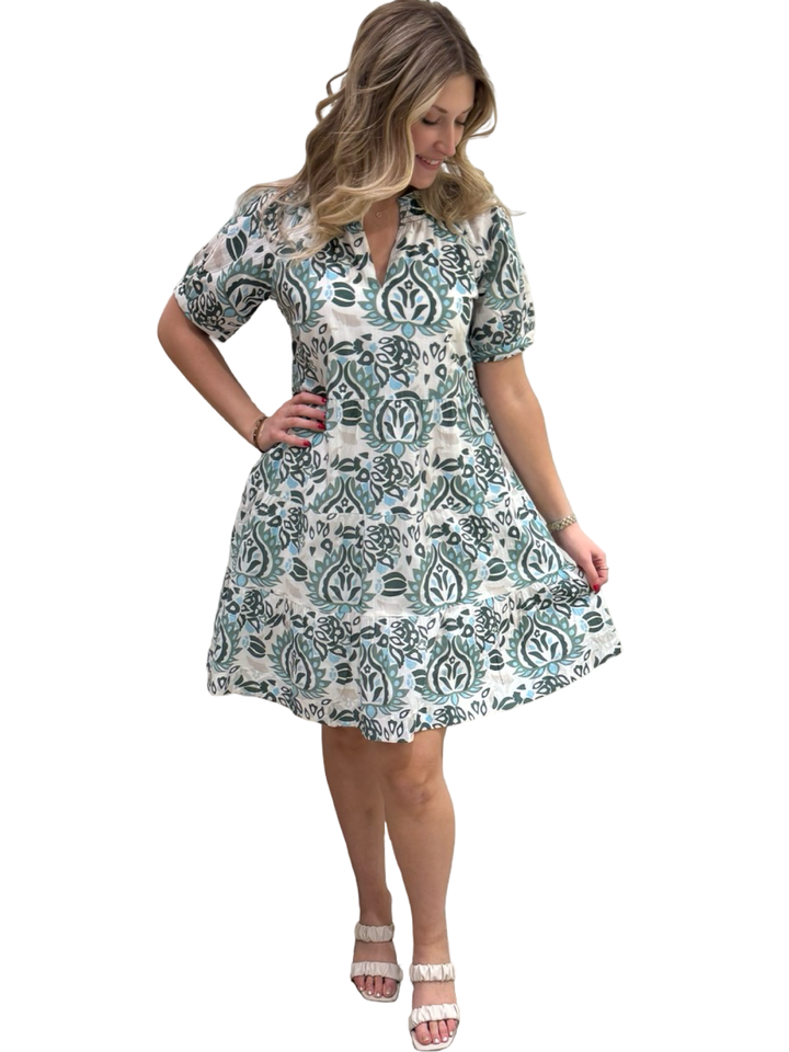 The Dahlia Smocked Neck Dress in Green Abstract Cotton — view 3