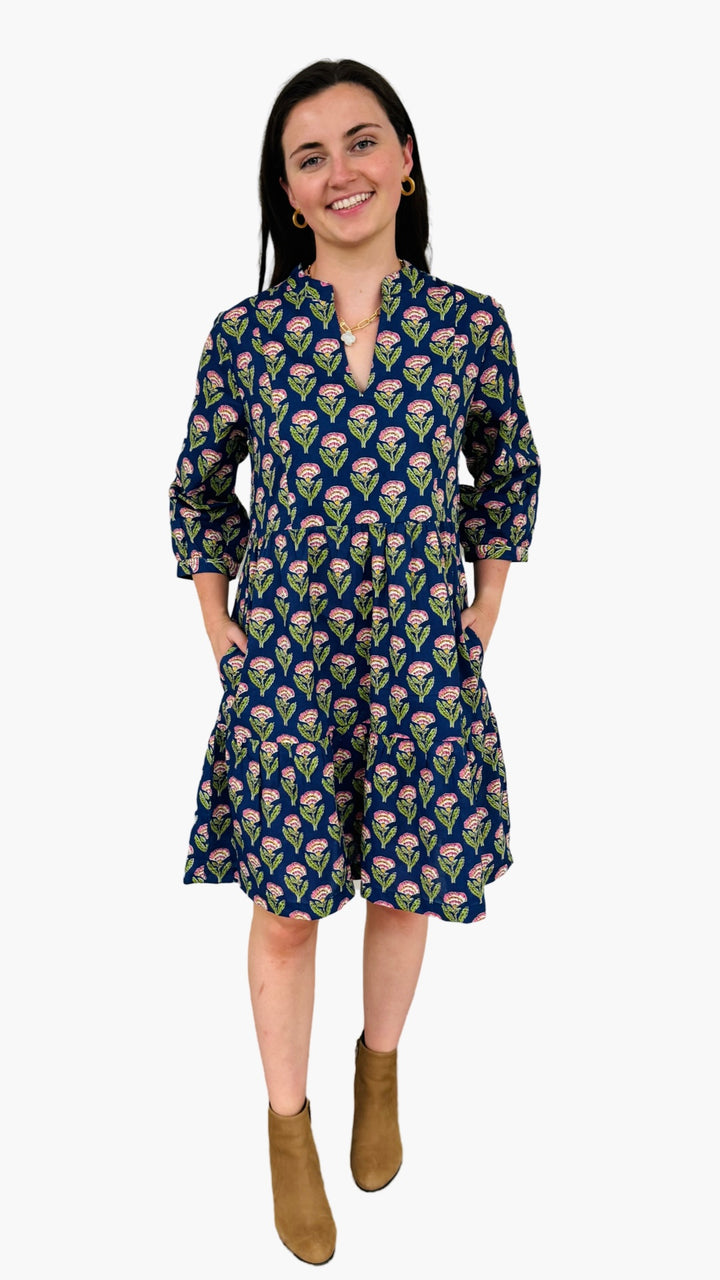 The Preston Hand Block Blue Pink Cotton Floral Dress — view 4
