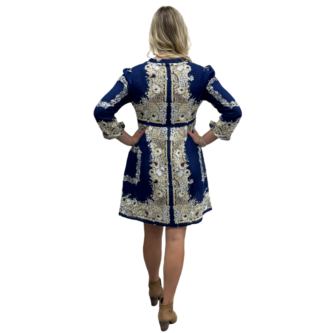 The Addison Border Print Dress in Navy and Beige — view 7