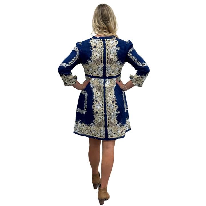 The Addison Border Print Dress in Navy and Beige — view 7