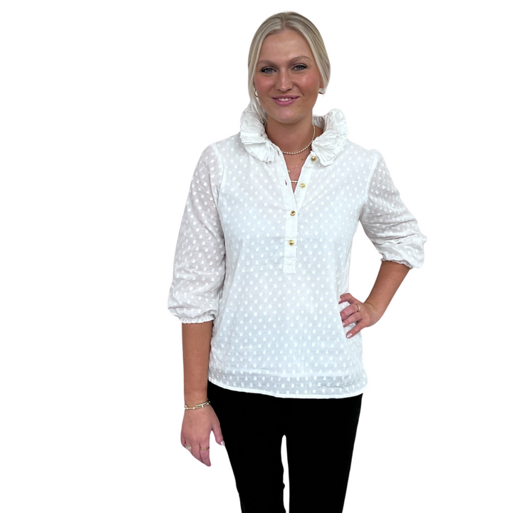 The Maria Ruffle Neck Top in White on White Dot — view 4