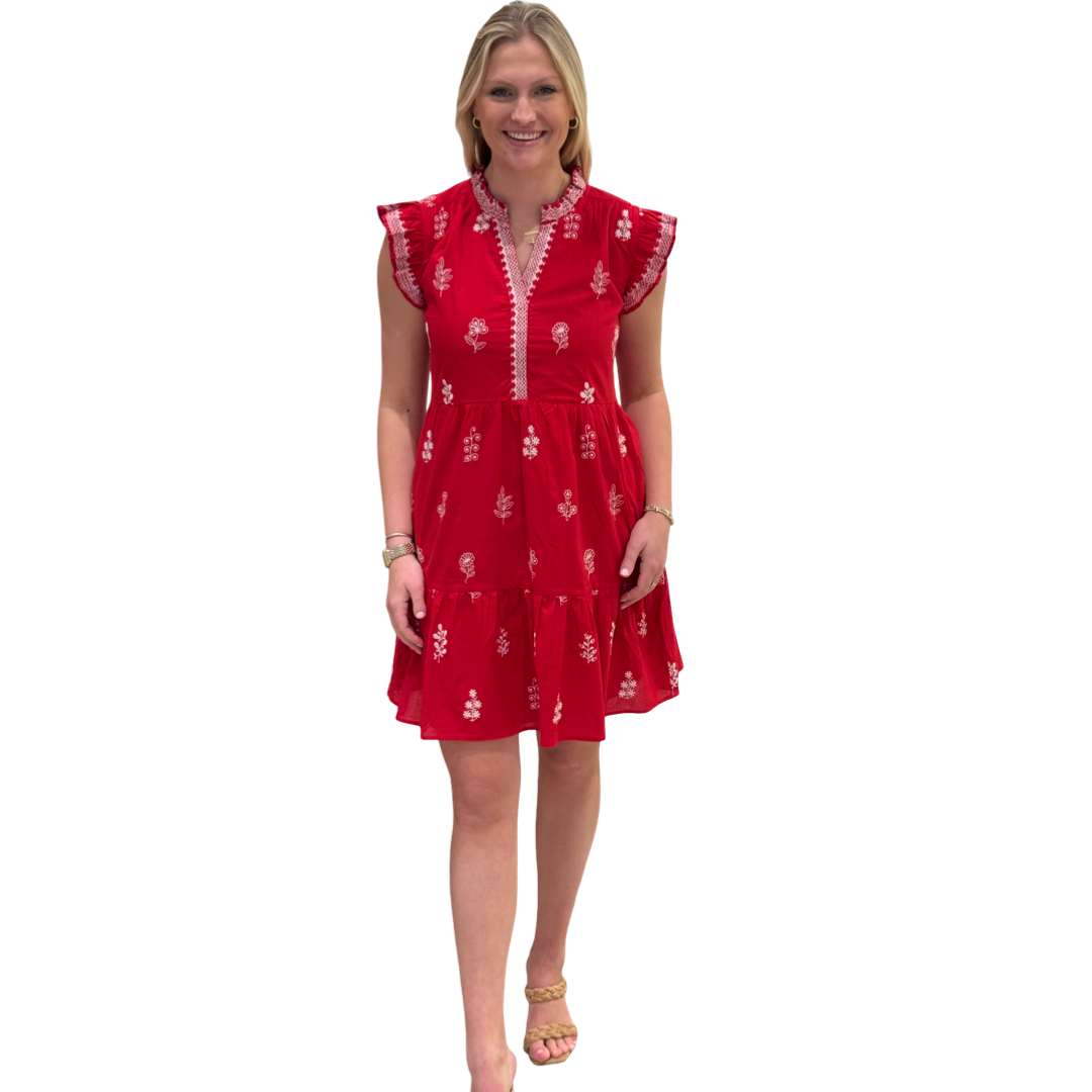 The Embroidered Campbell Flutter Sleeve in Red and White — view 5