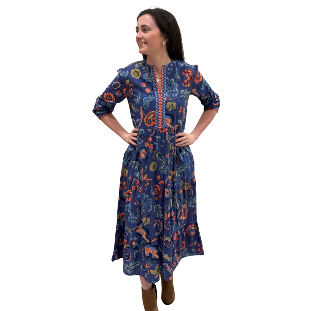 The Daniella Embroidered Trim Dress in Sunset Floral Hand Block Print — view 3