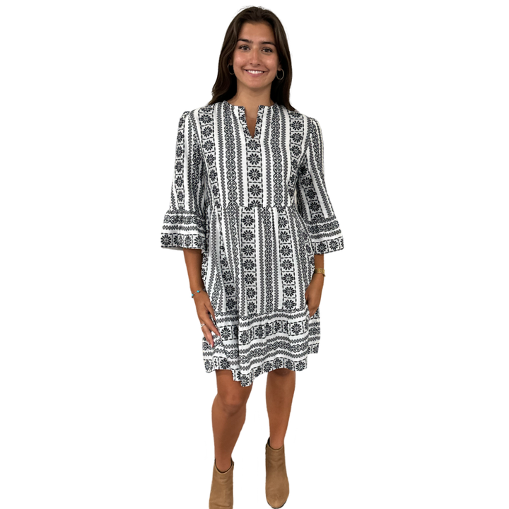 The Alexandra Black and White Jacquard 3/4 Sleeve Dress — view 7
