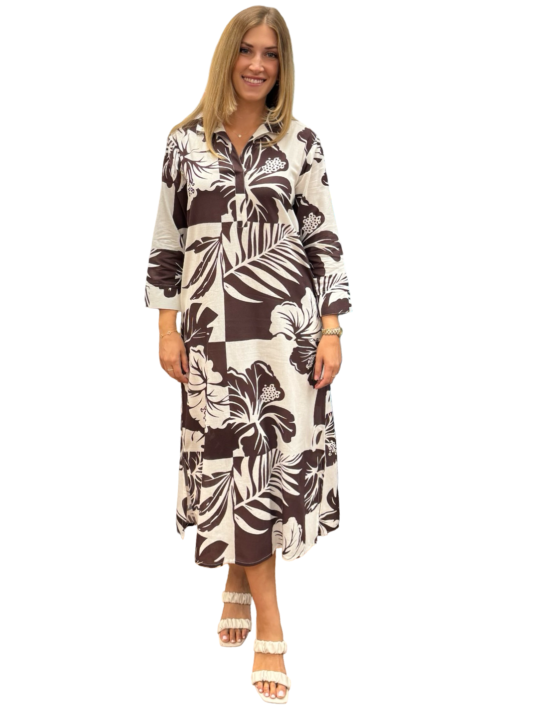 The Lisette Cotton Dress in Brown White