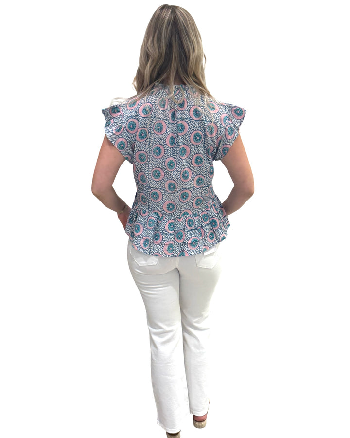 The Bella Ruffle Trim Top in Aqua Pink Hand Block — view 6