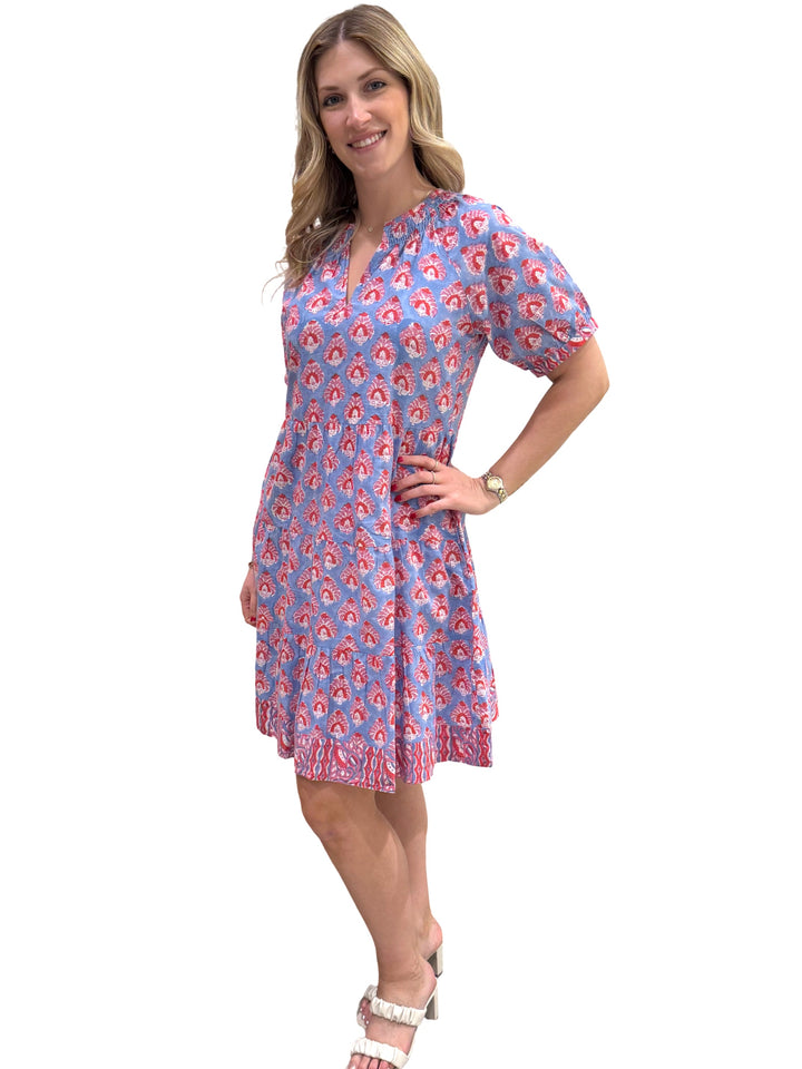 The Dahlia Smocked Neck  Hand Block Printed Cotton Dress in Blue Red