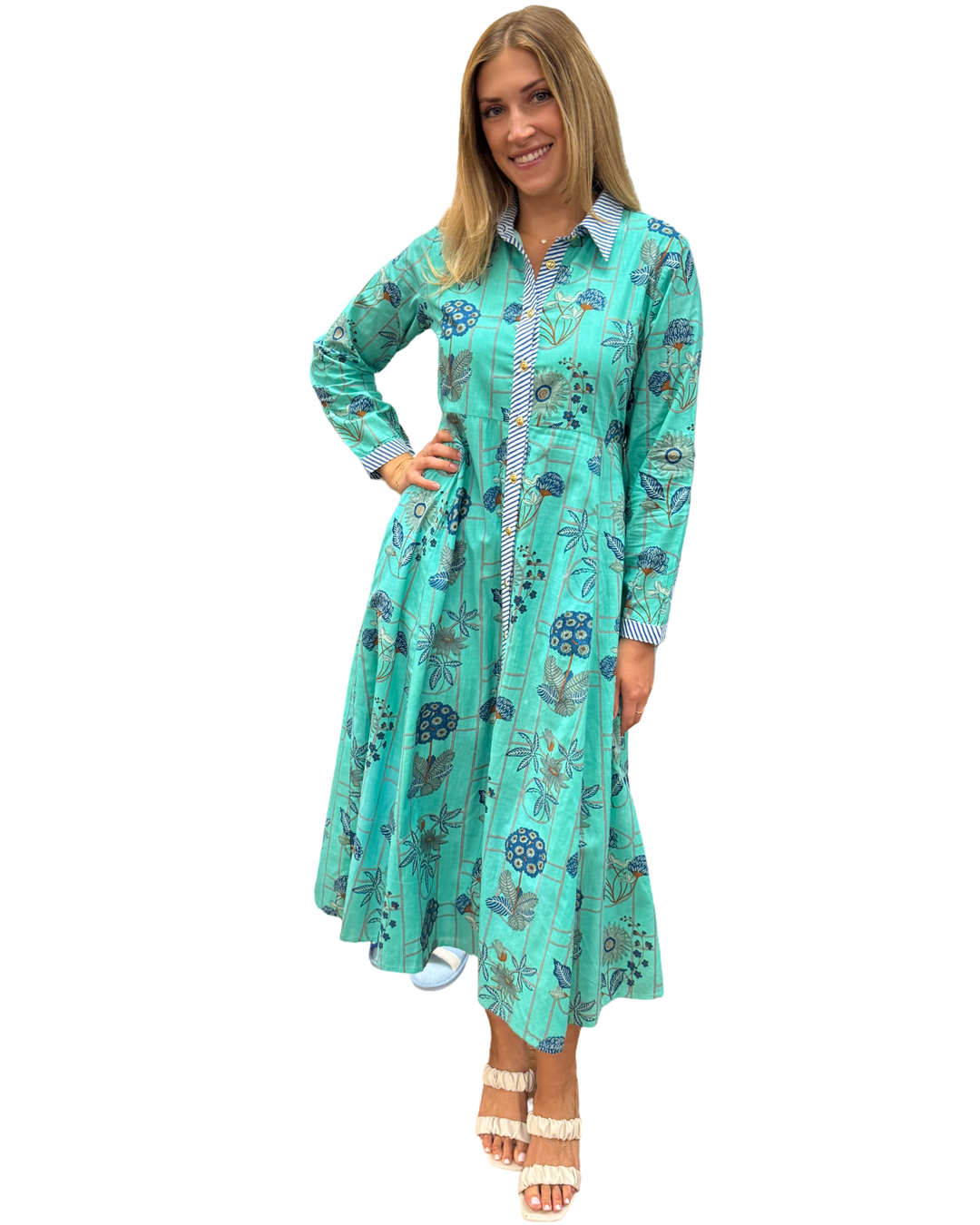 The Marion Button Front Dress in Teal Green Botanical Floral
