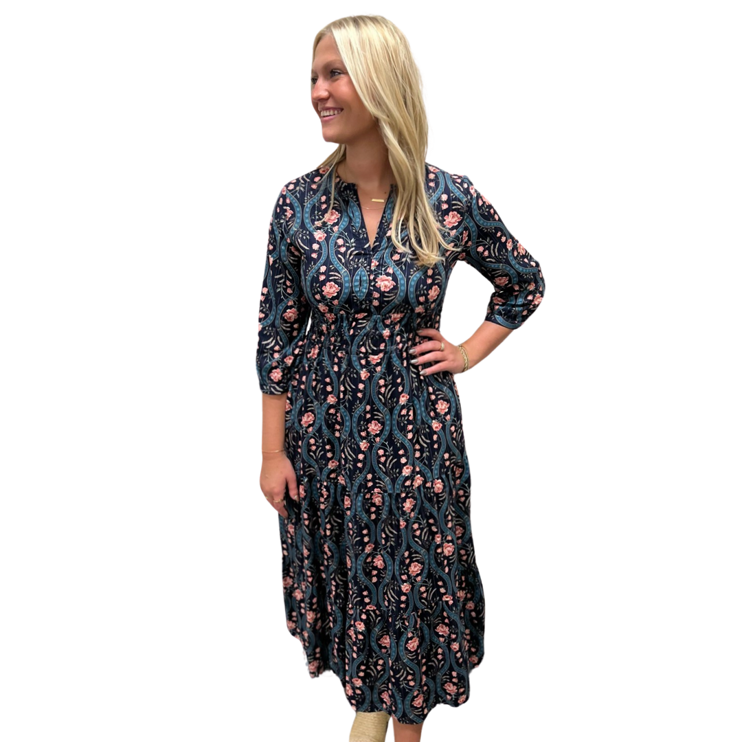 The Sydney Long Length Cinched Waist Dress in Navy Lurex Floral — view 4