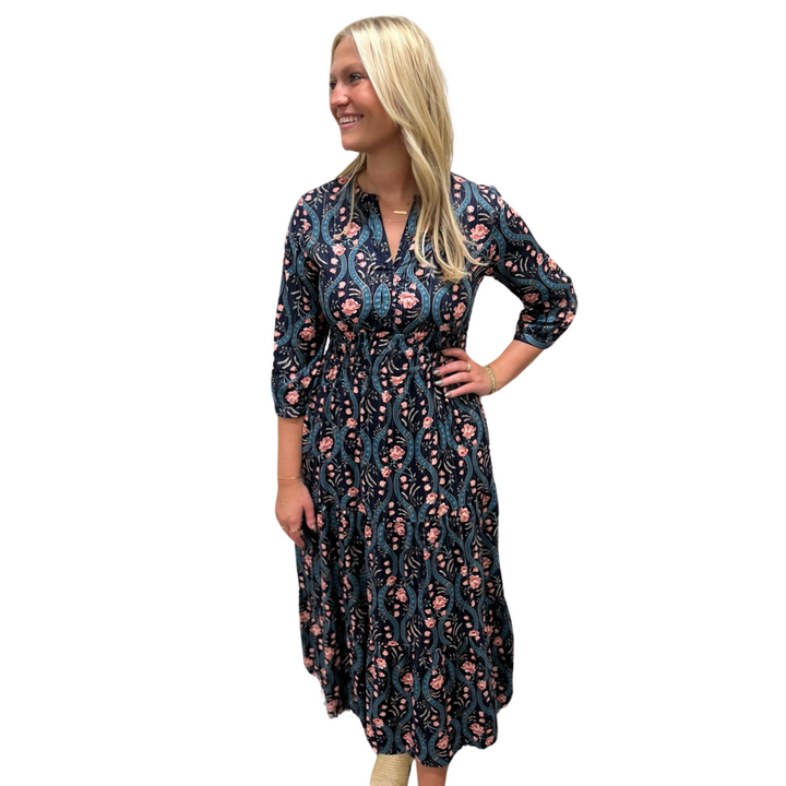 The Sydney Long Length Cinched Waist Dress in Navy Lurex Floral — view 4