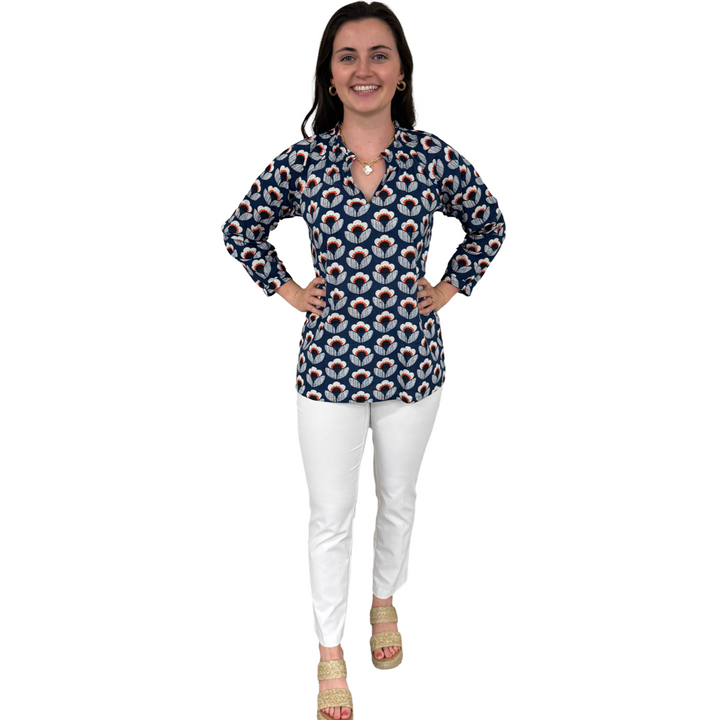The Dahlia Smocked Neck Top in Navy and Orange Floral — view 4