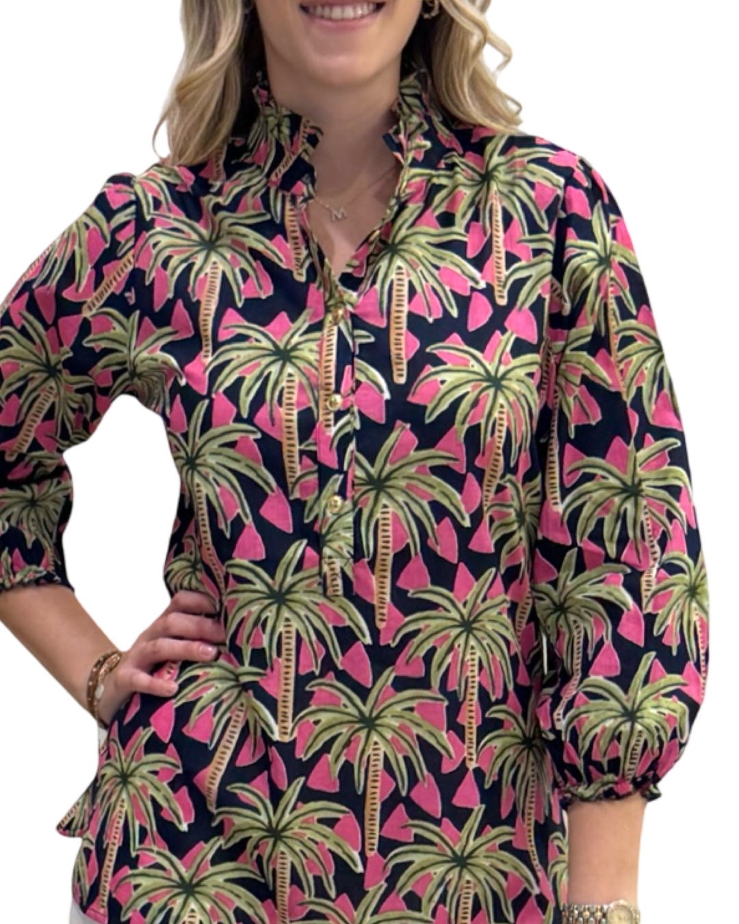 The Tricia Top in Navy Pink Palm Print — view 5