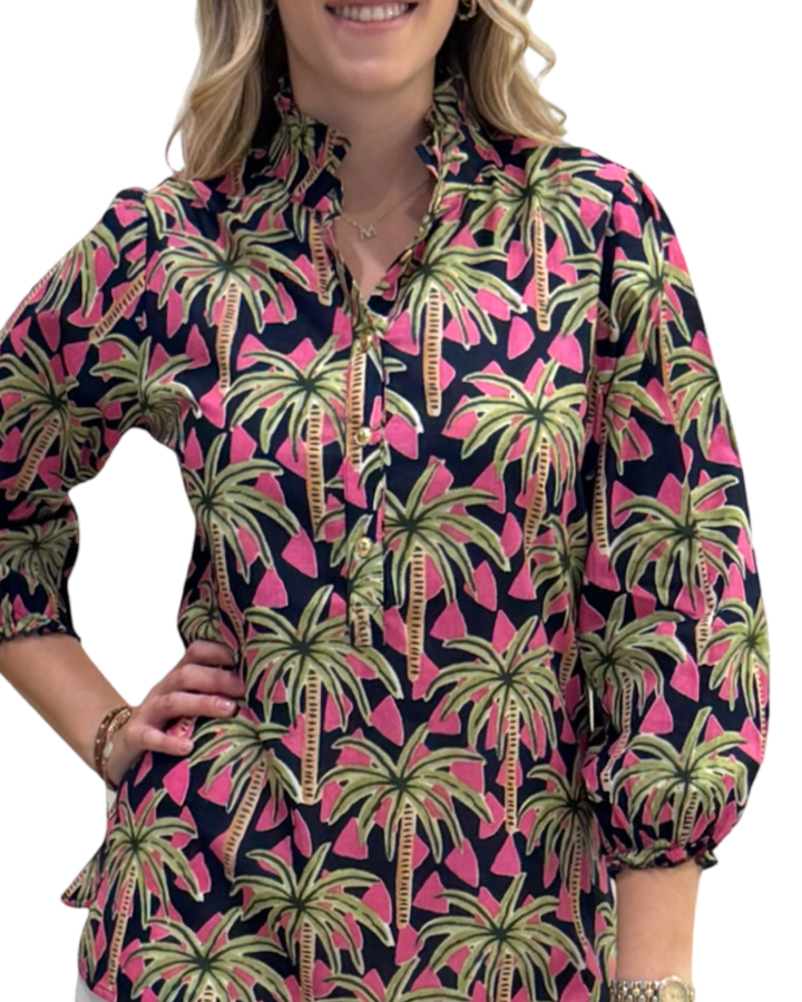 The Tricia Top in Navy Pink Palm Print — view 5