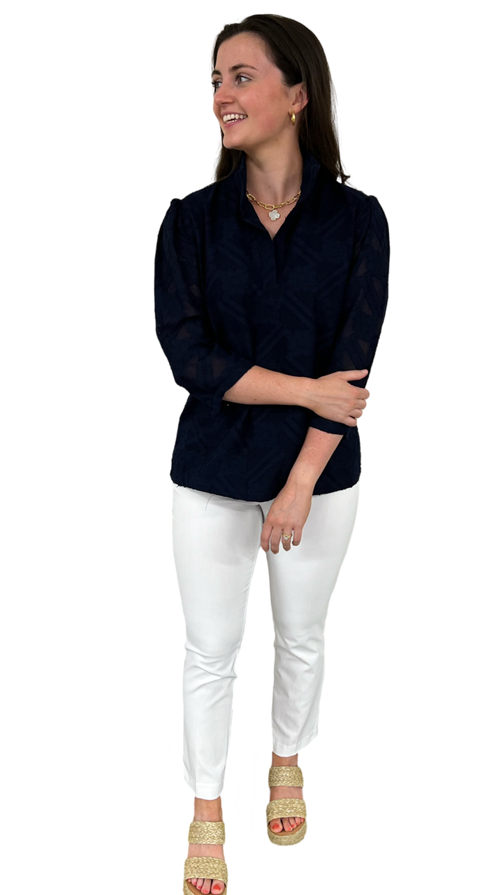 The Shipley Stand-Up Collar Top in Navy Jacquard Cotton — view 4