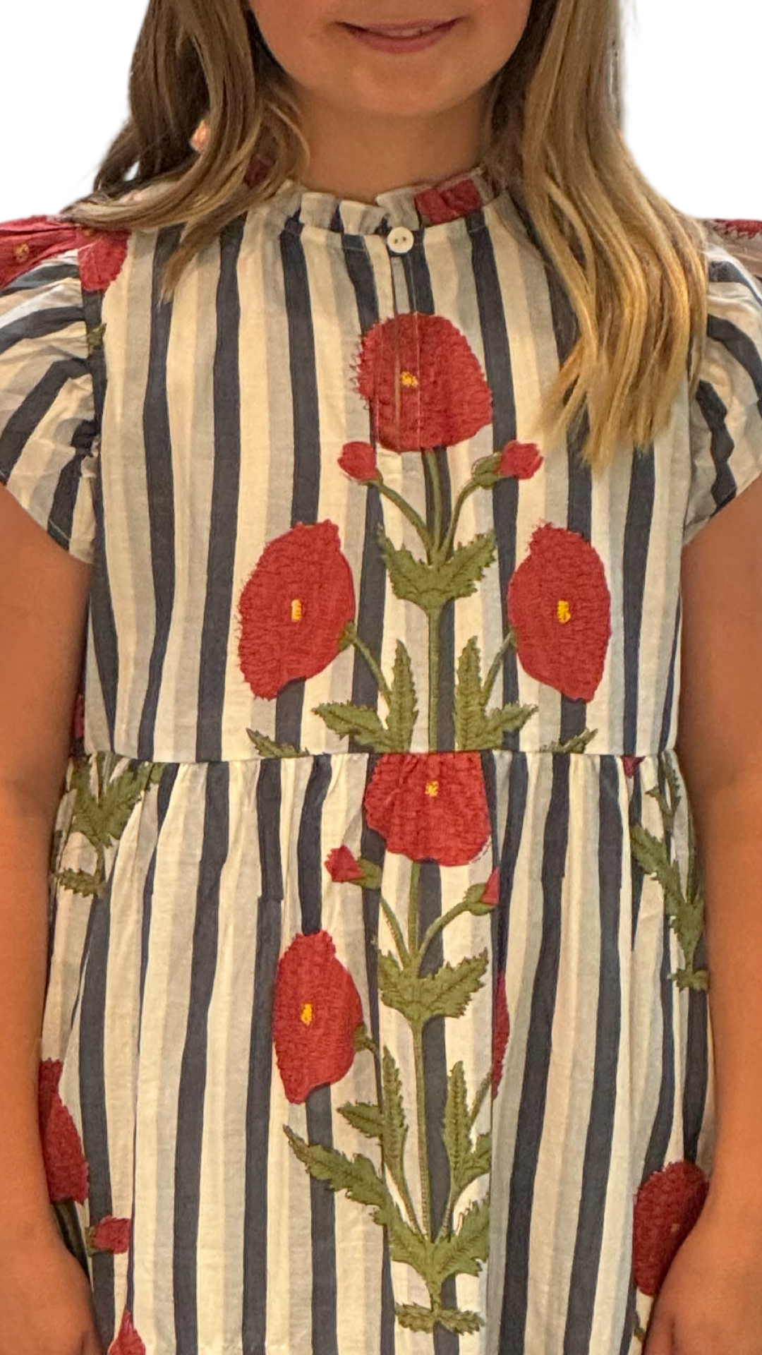 The Tinley Hand Block Printed Girls Dress in Grey Blue Striped Floral — view 4