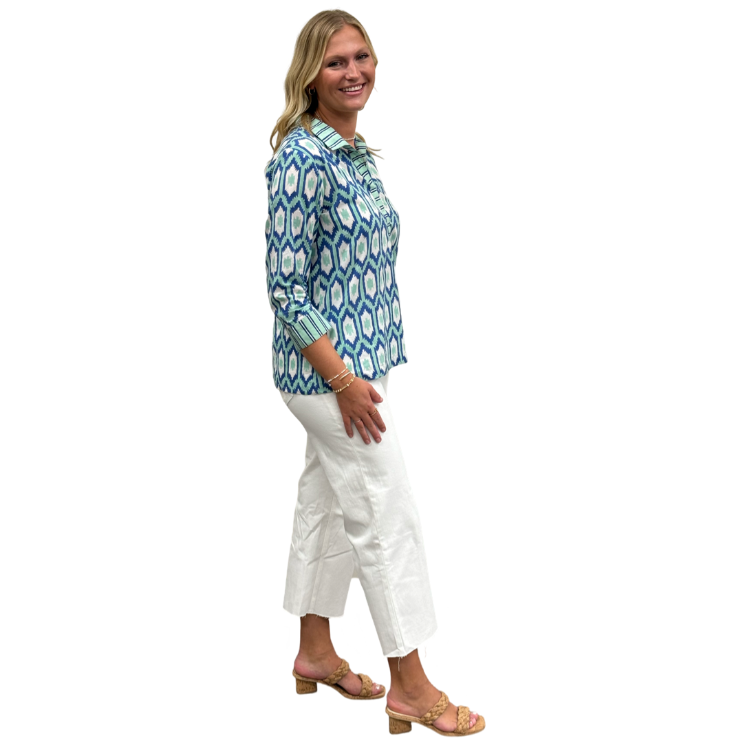 The Lisette Top in Green Blue Ikat — view 4