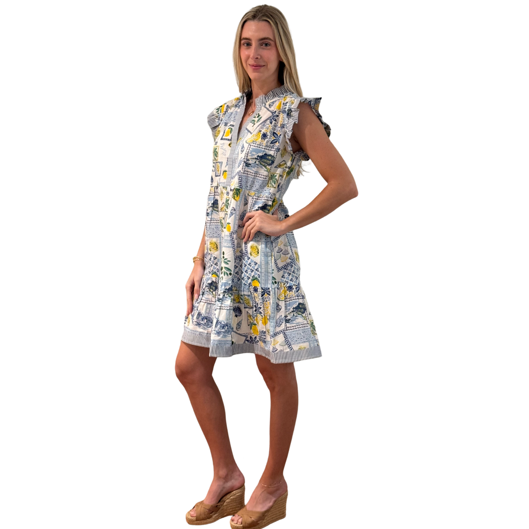 The Campbell Cotton Flutter Sleeve Dress in Blue Lemon Patch Print — view 5