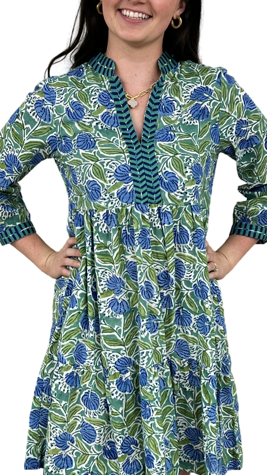 The Naomi Hand Block Printed Embroidered Trim Floral Dress in Green and Blue — view 4