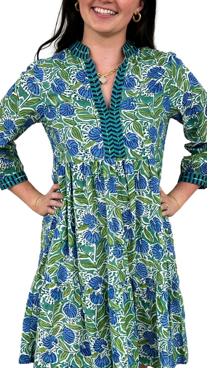 The Naomi Hand Block Printed Embroidered Trim Floral Dress in Green and Blue — view 4
